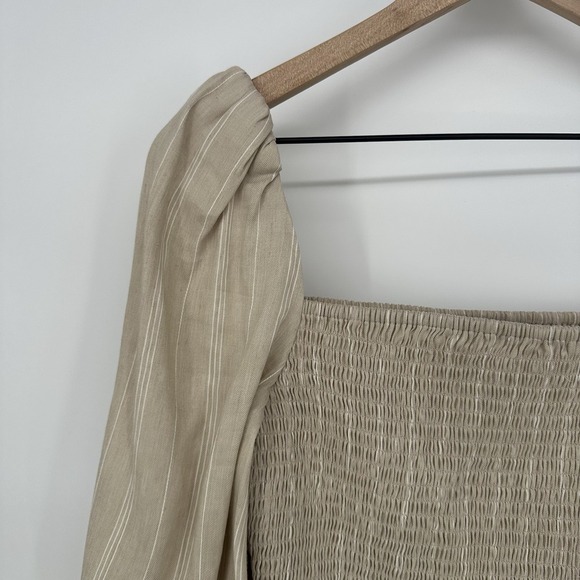 Derek Lam 10 Crosby Women'sLinen Blend Puffy Sleeve Striped Smocked Blouse Sz 4 - Picture 5 of 9
